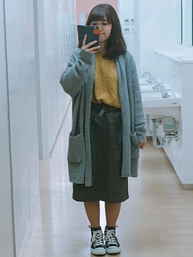 「studio CLIP（スタディオクリップ）の7Gストレッチニットガウン（カーディガン/ボレロ、グレー系）」を使った、るーさん（レディース）の秋コーディネート