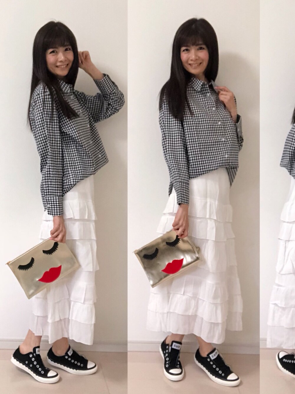 「しまむら、しまむらコーデ、しまパト、プチプラ、プチプラコーデ、春コーデ、カジュアルコーデ、スニーカーコーデ、スカート」｜「しまむらのアイテム（シャツ/ブラウス、ブラック系）」を使った、Miki Tonomuraさん（レディース・165cm）の春コーディネートの1枚目の写真