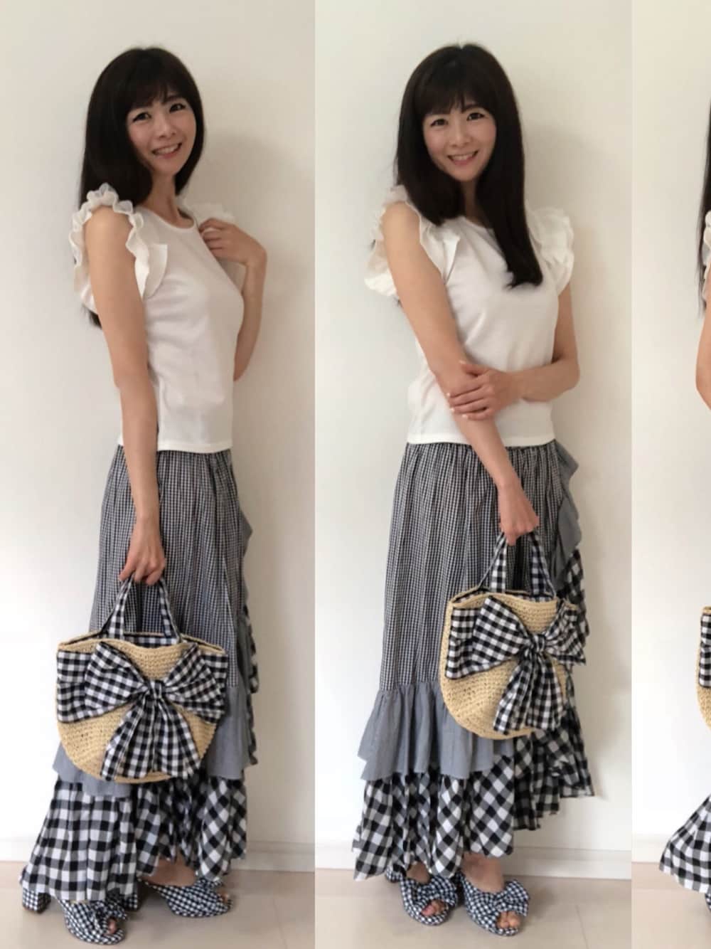 「しまむら、しまむらコーデ、しまパト、しまむらパトロール、プチプラコーデ、プチプラ、ギンガムチェック、ギンガムチェックスカート」｜「しまむらのアイテム（Tシャツ/カットソー、ホワイト系）」を使った、Miki Tonomuraさん（レディース・165cm）の春コーディネートの1枚目の写真