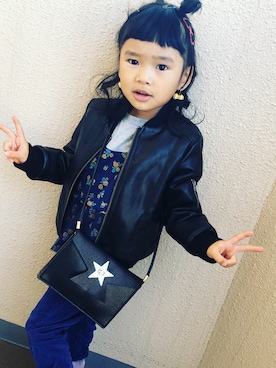「しまむら（シマムラ）のアイテム（ライダースジャケット）」を使った、Meetsさん（キッズ・100cm）の冬コーディネート