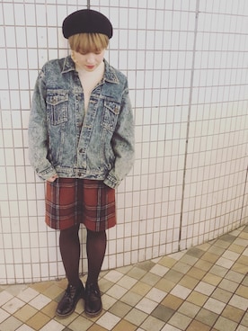 「レトロ」｜「アイテム（デニムジャケット）」を使った、おうめさん（レディース・151cm）の秋コーディネート