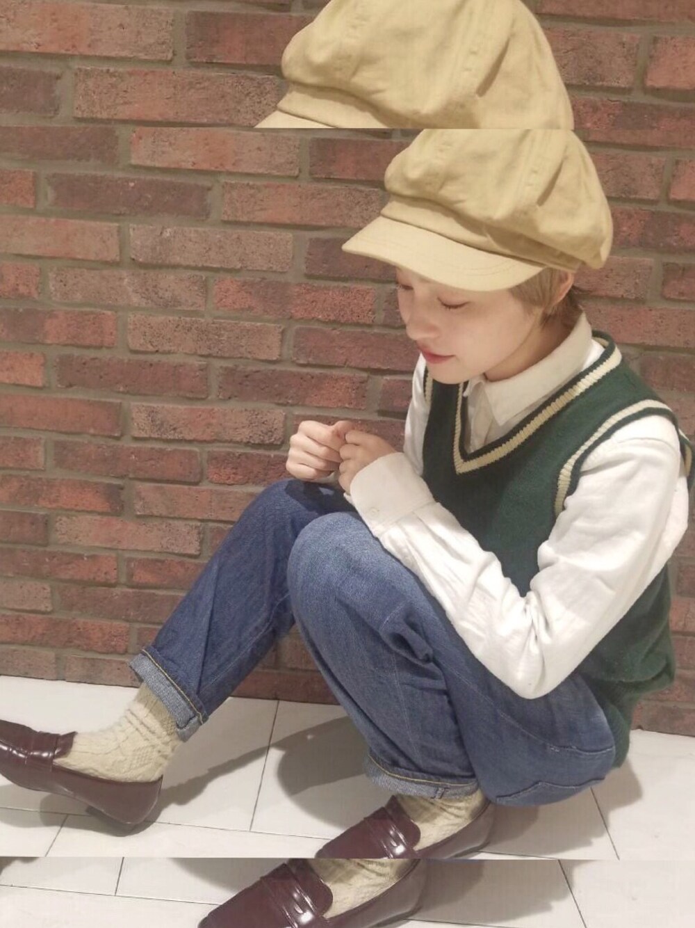 「ootd、プレッピー、キャスケット、ニットベスト、デニム、ローファー、靴下屋、冬コーデ、メンズライク、低身長」｜「WEGOのWEGO/ボリュームキャスケット（キャスケット、ベージュ系）」を使った、おうめさん（レディース・151cm）の冬コーディネートの1枚目の写真