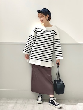 「GLOBAL WORK（グローバルワーク）のバスクボーダーチュニック/930748（T恤/上装、その他）」を使った、ちゃんりなさん（レディース・159cm）の春コーディネート