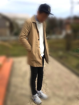 「ワッフルニット」｜「アイテム（ステンカラーコート）」を使った、RINさん（メンズ・180cm）の春コーディネート