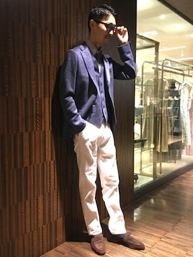 「アイテム（ベスト、ブルー系）」を使った、今田さん（メンズ・175cm）の春コーディネート