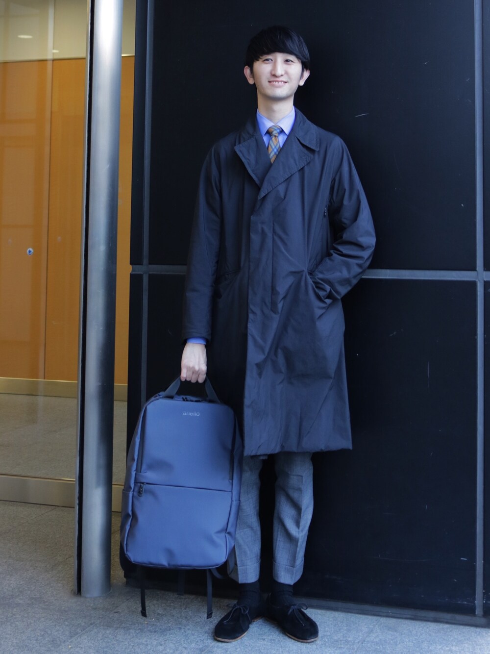 「今日のコーデ、革靴、2019初WEAR、Anello、アネロ、スーツスタイル、Suit、チェックパンツ」｜「anelloの【anello】NESS　ビジネスリュック（ビジネスバッグ、ブルー系）」を使った、tune-is-a-penさん（メンズ・175cm）の冬コーディネートの1枚目の写真