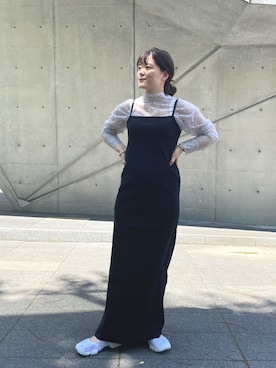 「SHENERY（シーナリー）の総針ニットタイトマキシキャミワンピース（One piece dress、ブラック系）」を使った、KITAHARAさん（レディース・152cm）の春コーディネート