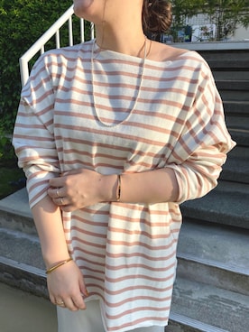 「SHENERY（シーナリー）のサイドスリットボーダーカットソー（T Shirts、ピンク系）」を使った、KITAHARAさん（レディース・152cm）の春コーディネート