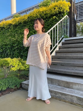 「SHENERY（シーナリー）のサイドスリットボーダーカットソー（T Shirts、ピンク系）」を使った、KITAHARAさん（レディース・152cm）の春コーディネート