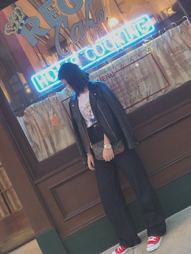 「USJ」｜「アイテム（ライダースジャケット）」を使った、naoさん（レディース・157cm）の夏コーディネート