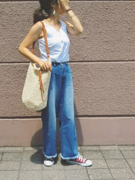 「H&M（エイチ・アンド・エム）のアイテム（タンクトップ、ホワイト系）」を使った、なみなみなさん（レディース・156cm）の夏コーディネート