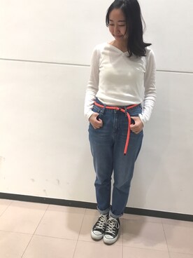 「earth music&ecology（アースミュージックアンドエコロジー）のハートネックプルオーバー（Tシャツ/カットソー）」を使った、kabuさん（レディース・156cm）の冬コーディネート