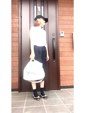 「GU（ジーユー）のアイテム（デニムスカート、ブルー系）」を使った、chiiikaさん（レディース・156cm）の夏コーディネート