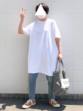 「ZOZO（ゾゾ）のスリムテーパードデニムパンツ［WOMEN］（デニムパンツ）」を使った、reiさん（レディース・164cm）の夏コーディネート