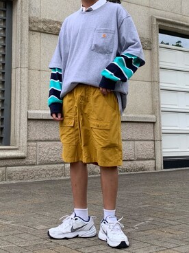 「アイテム（カーゴパンツ、イエロー系）」を使った、clayさん（メンズ・162cm）の春コーディネート