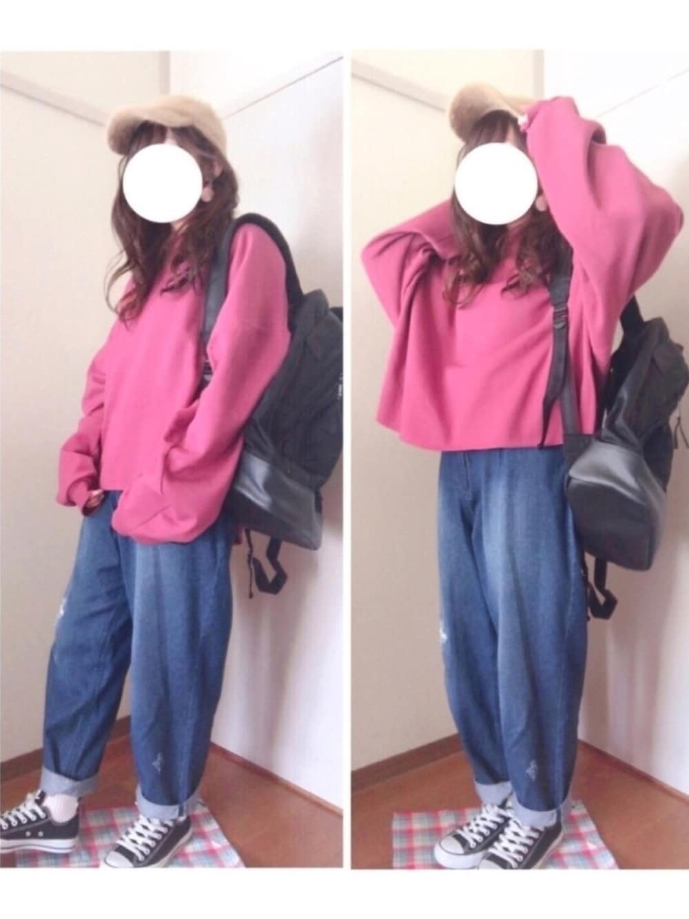 ピンク系のスウェット、ブルー系のデニムパンツ、ブラック系のスニーカーを着用したレディースの冬コーディネートの1枚目の写真