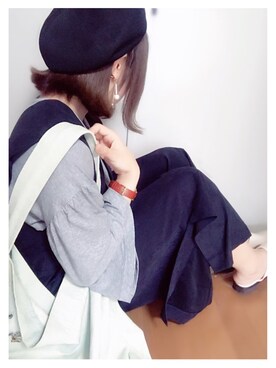 「スリット」｜「アイテム（ハンチング/ベレー帽）」を使った、ら い ◎さん（レディース・157cm）の春コーディネート