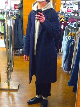 「tk.TAKEO KIKUCHI（ティーケータケオキクチ）のアイテム（チェスターコート）」を使った、komさん（メンズ・175cm）の冬コーディネート