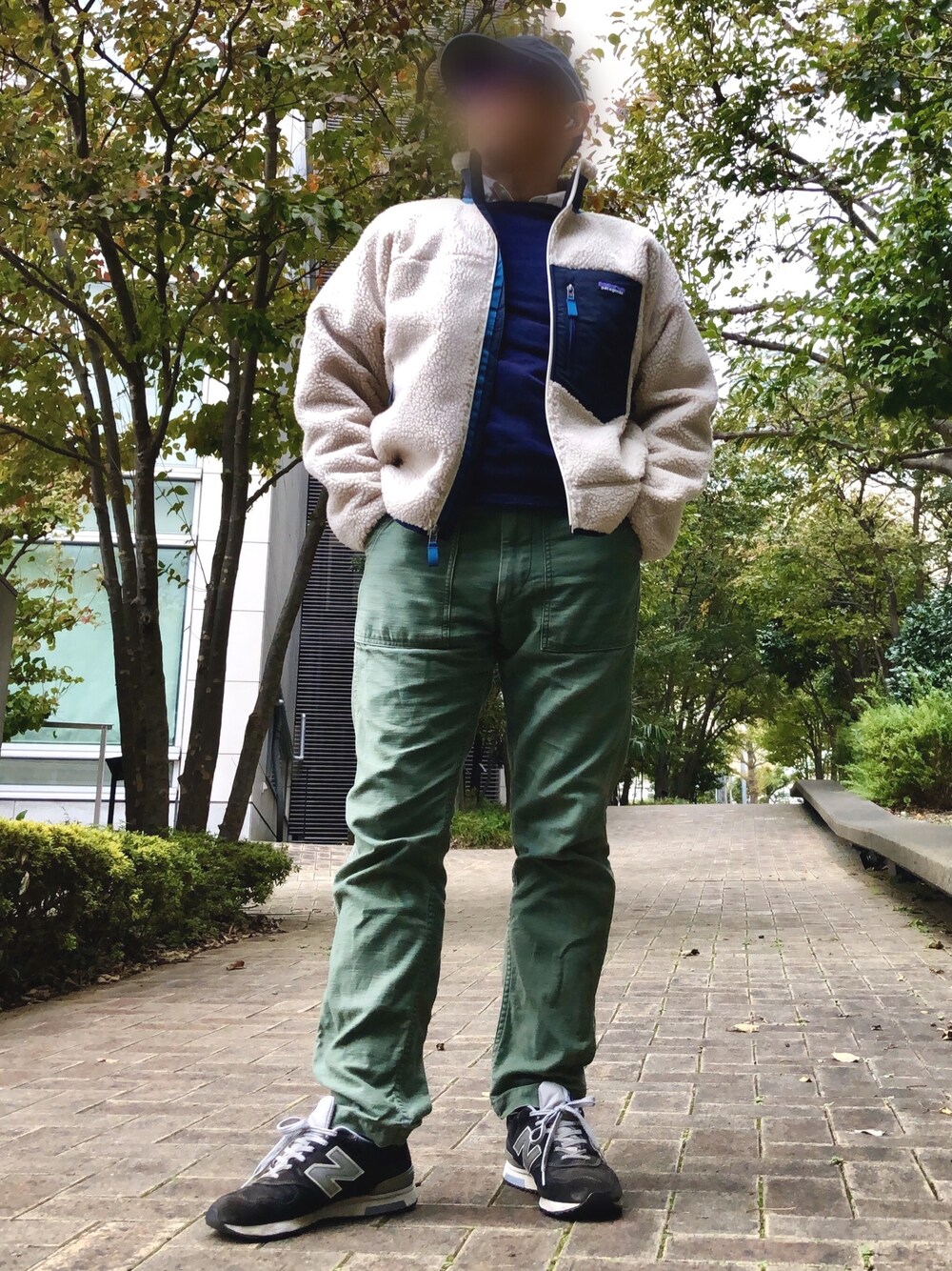 「秋のコーデ、patagonia、レトロX、セントジェームス、ウエッソン、orslow、ボタンダウンシャツ、ファティーグパンツ、ニューバランス、m1400」｜「patagoniaのPatagonia / Classic Retro X Jacket▲（ブルゾン、ホワイト系）」を使った、Mさん（メンズ・168cm）の秋コーディネートの1枚目の写真