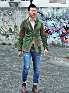 「Nigel Cabourn（ナイジェルケーボン）のアイテム（その他アウター）」を使った、林雨辰さん（メンズ・176cm）の春コーディネート