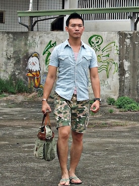 「RRL（ダブル アール エル）のアイテム（その他）」を使った、林雨辰さん（メンズ・176cm）の夏コーディネート