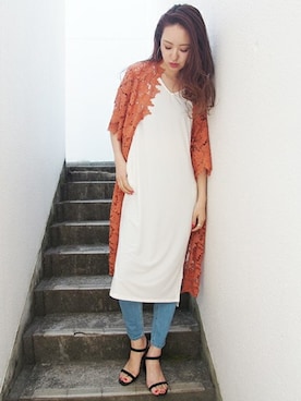 「アイテム（テーラードジャケット、オレンジ系）」を使った、MURUAさん（レディース・167cm）の春コーディネート