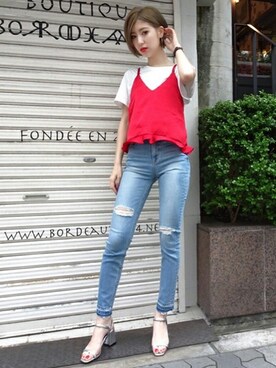 「アイテム（キャミソール、レッド系）」を使った、MURUAさん（レディース・161cm）の春コーディネート