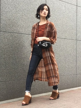 「リブT」｜「アイテム（その他アウター）」を使った、MURUAさん（レディース・158cm）の秋コーディネート