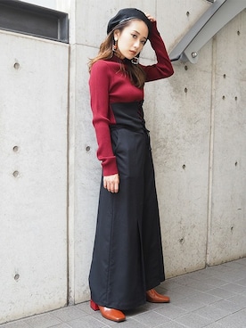 「スリット」｜「アイテム（ハンチング/ベレー帽）」を使った、MURUAさん（レディース・152cm）の秋コーディネート