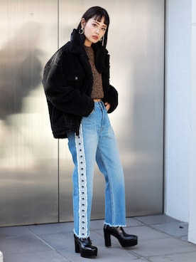 「MURUA（ムルーア）のオーバーボアＧジャン（ブルゾン）」を使った、MURUAさん（レディース・160cm）の冬コーディネート