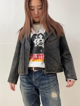「グランジ」｜「アイテム（ライダースジャケット）」を使った、moanghaeeeさん（レディース・168cm）の冬コーディネート