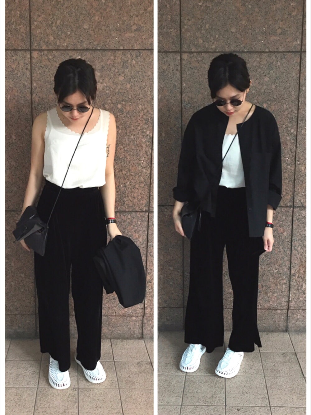 「GU、休日スタイル、黒、H&M、UNIQLO、keen、UNEEK、white」｜「H&Mのアイテム（チューブトップ、ホワイト系）」を使った、芮翠樹さん（レディース・164cm）の春コーディネートの1枚目の写真