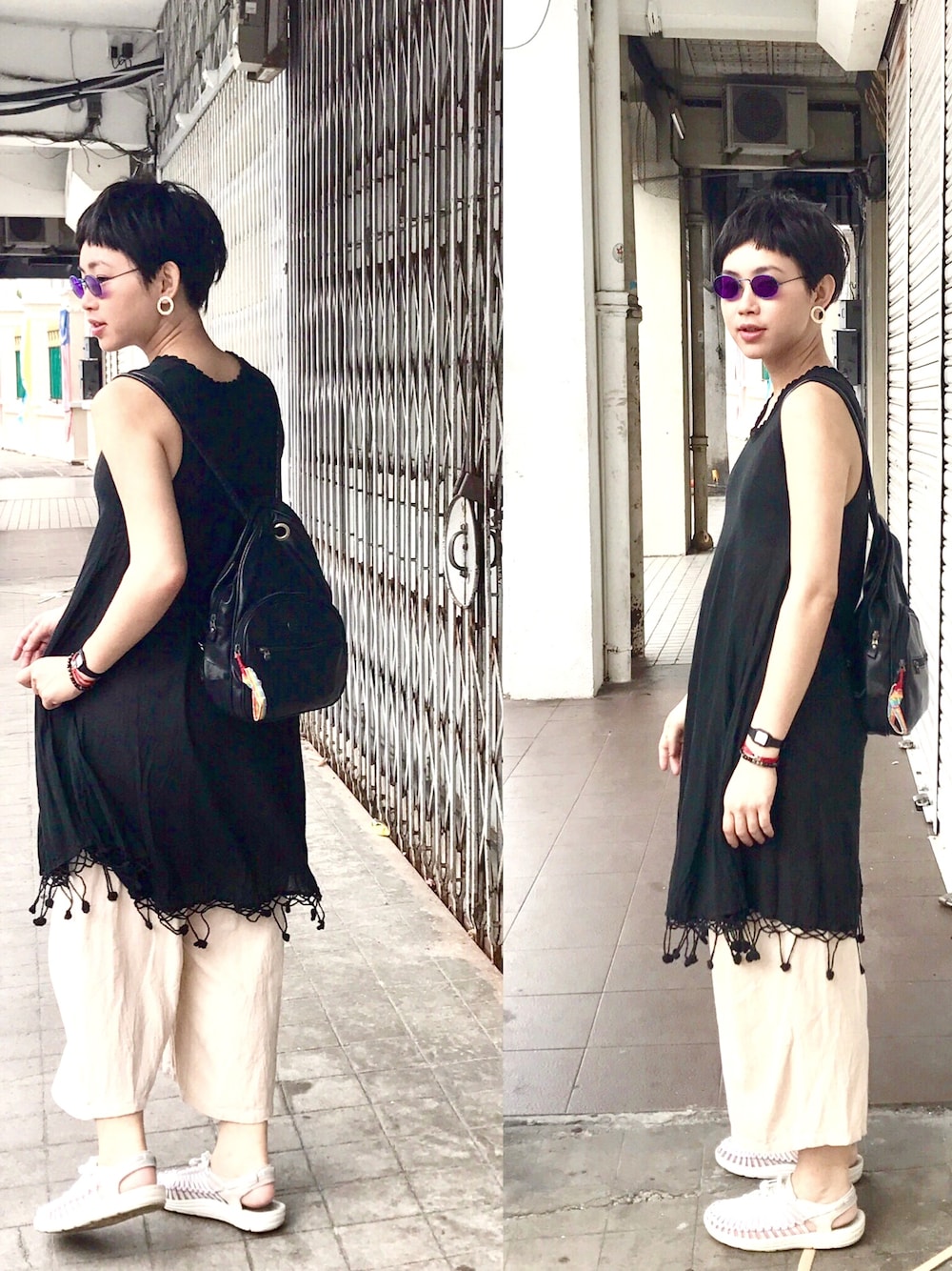 「outfit、大人カジュアル、ファー小物、夏休み、女の子、馬來西亞、KEEN UNEEK！、keen、summer、Taiwan」｜「古著のアイテム（バックパック/リュック、ブラック系）」を使った、芮翠樹さん（レディース・164cm）の秋コーディネートの1枚目の写真