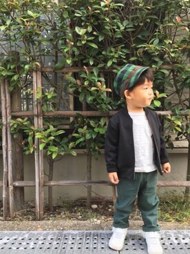 「MIKI HOUSE（ミキハウス）のアイテム（キャップ）」を使った、そらさん（キッズ・90cm）の秋コーディネート