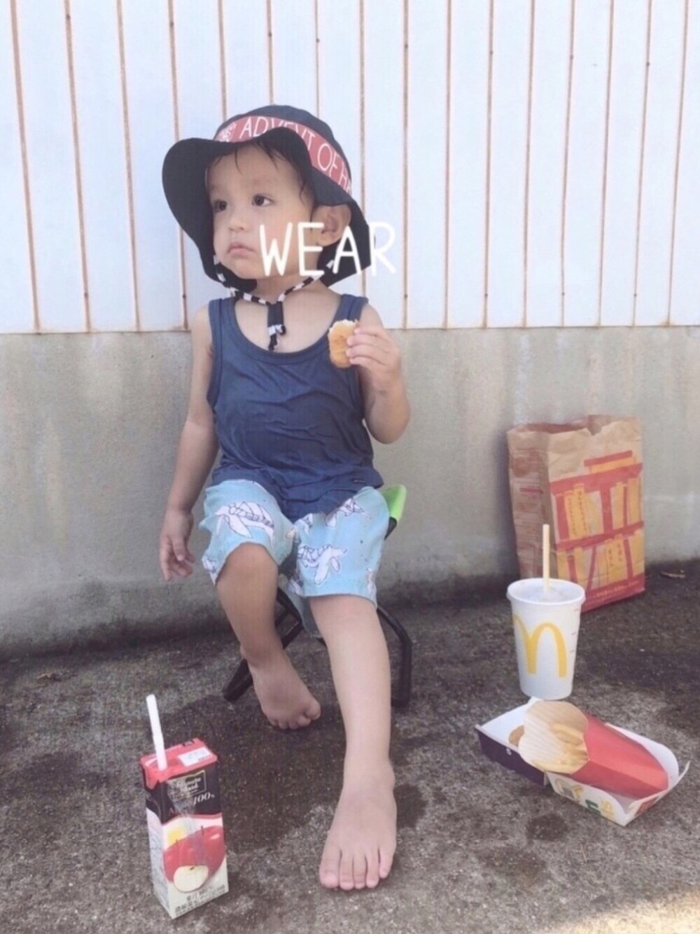 「夏の思い出、プールコーデ、quoti use fith、マクドナルド、GAP」｜「Birthdayのアイテム（ハット、ブルー系）」を使った、Rio／Akariさん（キッズ・80cm）の夏コーディネートの1枚目の写真