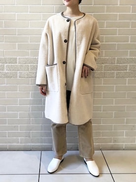「HARUTA」｜「アイテム（ノーカラーコート）」を使った、sakiさん（レディース・158cm）の冬コーディネート