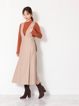 「アイテム（ジャンパースカート）」を使った、meguさん（レディース・163cm）の夏コーディネート