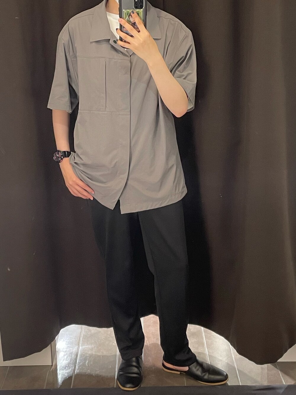 「これが私をアゲる服、シンプル、初夏コーデ、GU、G.O.C、オープンカラーシャツ、バブーシュ、ボーイッシュ、ジェンダーレス、おしゃれさんと繋がりたい」｜「GUのアイテム（トップス、グレー系）」を使った、fujino_otkmさん（レディース・156cm）の春コーディネートの1枚目の写真