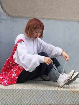 「niko and...（ニコアンド）のメンテンBIGBIG Ｔシャツ【niko and ...】（Tシャツ/カットソー）」を使った、ちょこびさん（レディース・154cm）の春コーディネート