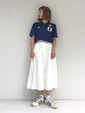 ちょこびさんの「アディダス サッカー日本代表 ホームレプリカユニフォーム半袖」を使ったコーディネート