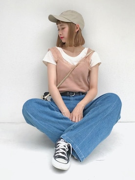 「PAR ICI（パーリッシィ）のアイテム（帽子）」を使った、ちょこびさん（レディース・154cm）の夏コーディネート