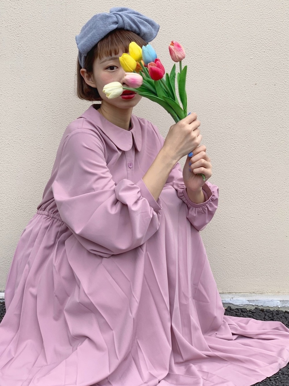 「コラボ服、メルロー、ちょこびおすすめ、ちょこび、ちょこび服、ピンク、ボリューム袖、丸襟、merlotplus、オシャレパッソ」｜「MERLOTのアイテム（ワンピース、ピンク系）」を使った、ちょこびさん（レディース・154cm）の秋コーディネートの1枚目の写真
