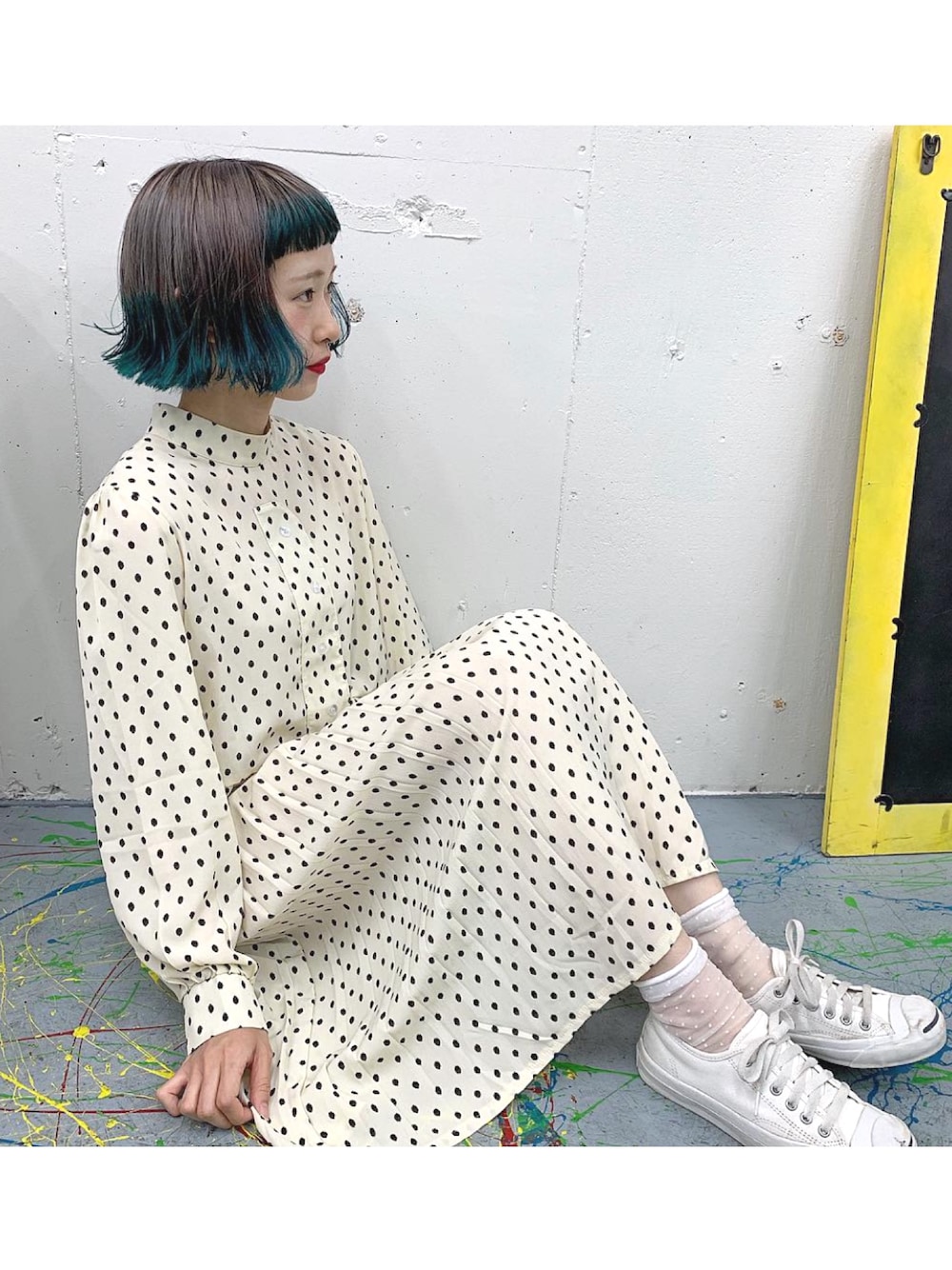 「ドット、ドットワンピ、白ワンピース、ちょこびおすすめ、ちょこび、今日のコーデ、ヘアアレンジ、ボブ、outfit、古着」｜「La-gemmeのプリーツドット柄 ワンピース（ワンピース、ホワイト系）」を使った、ちょこびさん（レディース・154cm）の春コーディネートの1枚目の写真