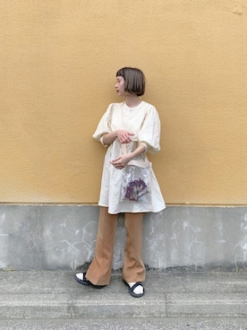 「one after another NICE CLAUP（ワンアフターアナザーナイスクラップ）のアイテム（スラックス、ブラウン系）」を使った、ちょこびさん（レディース・154cm）の夏コーディネート