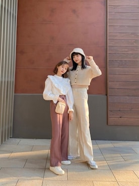 「one after another NICE CLAUP（ワンアフターアナザーナイスクラップ）のアイテム（スラックス、ブラウン系）」を使った、ちょこびさん（レディース・154cm）の秋コーディネート