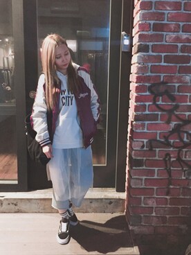 「GU（ジーユー）のアイテム（トップス、ホワイト系）」を使った、Nanaさん（レディース・157cm）の冬コーディネート
