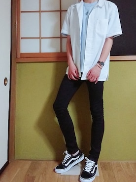 「GU（ジーユー）のアイテム（Tシャツ/カットソー、ブルー系）」を使った、yuushinさん（メンズ・172cm）の夏コーディネート