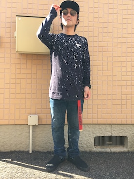 「Moonage Devilment（ムーンエイジデビルメント）のアイテム（キャップ）」を使った、黒烏龍さん（メンズ・161cm）の秋コーディネート