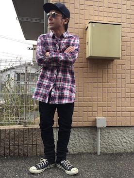 「Moonage Devilment（ムーンエイジデビルメント）のアイテム（キャップ）」を使った、黒烏龍さん（メンズ・161cm）の春コーディネート
