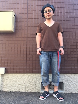 「Moonage Devilment（ムーンエイジデビルメント）のアイテム（キャスケット）」を使った、黒烏龍さん（メンズ・161cm）の夏コーディネート